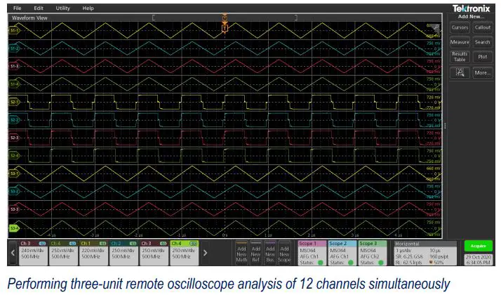 Tektronix TekScope Analysis Datasheet - Performing three-unit remote oscilloscope analysis of 12 channels simultaneously