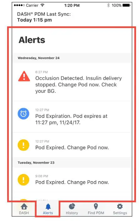 omnipod Display App User Guide - Check Alarms and Notifications History