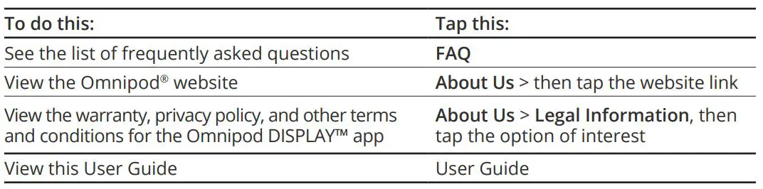 omnipod Display App User Guide - Help Screen