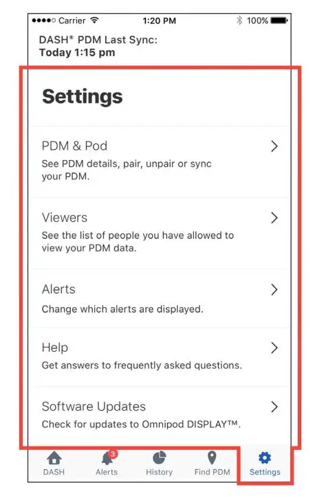 omnipod Display App User Guide - Settings Screen