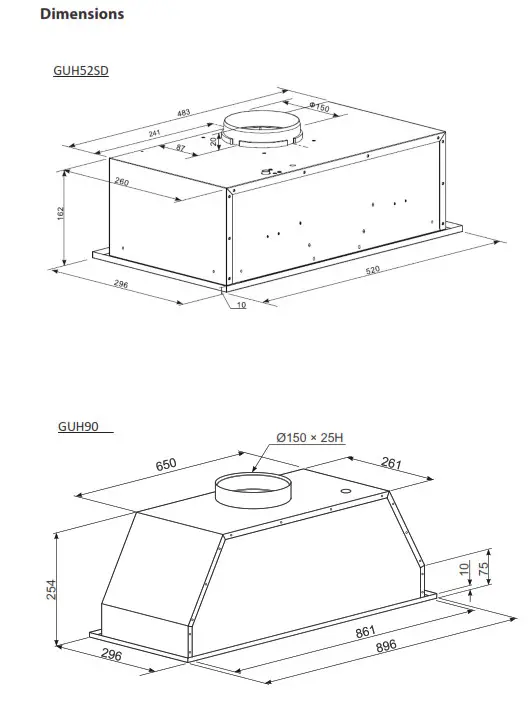 Baumatic GUH52SD GUH90 52 90cm Undermount - Dimansion