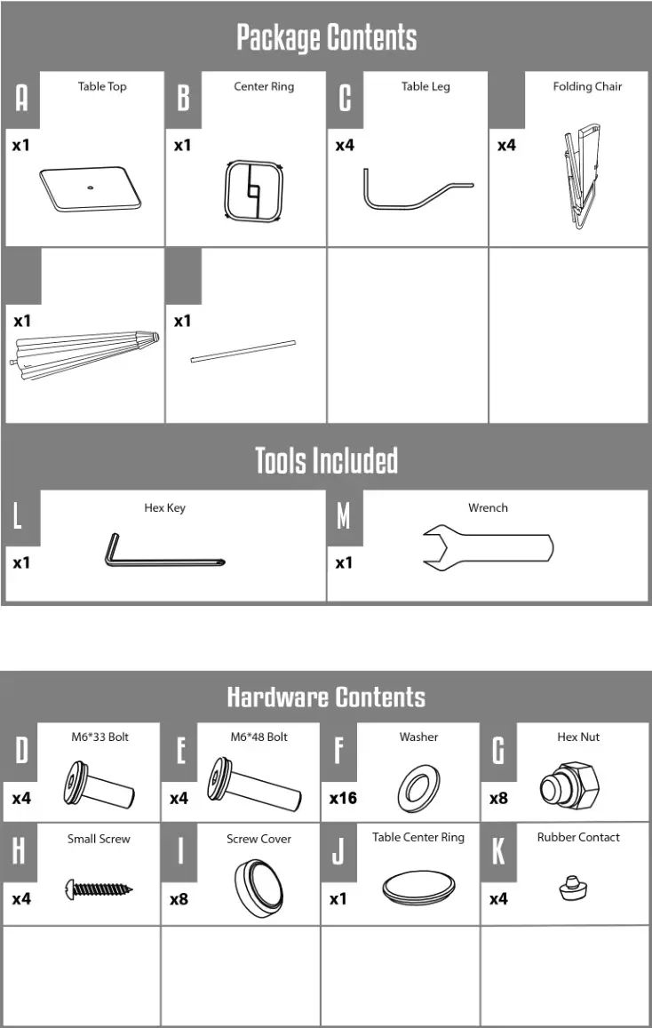 Patio Premier Square Table 6pcPatio Set - Package Content, Tools Include, Hardware Content