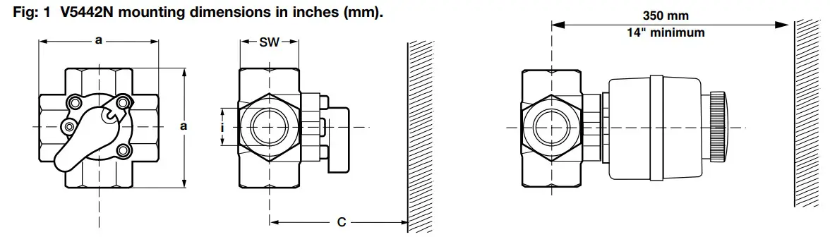 Honeywell V5442N Compact 4-way - dimensions in inches