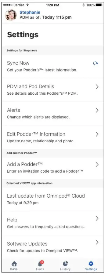 omnipod View App User Guide - Settings Screen