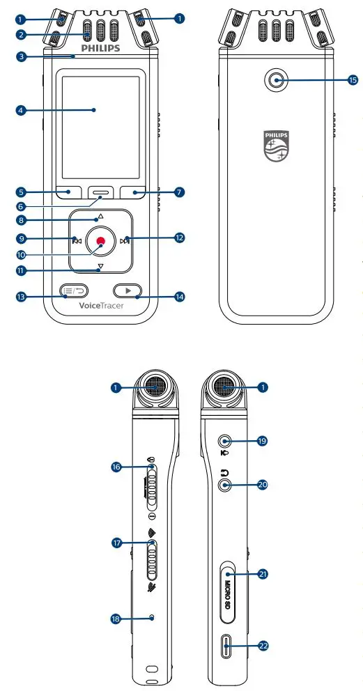 PHILIPS DVT4110 VoiceTracer Voice Recorder User Manual - Overview of your audio recorder