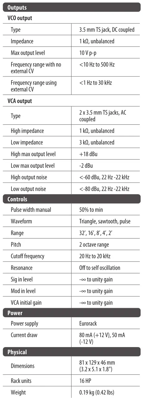 Behringer 110 VCO-VCF-VCA Synthesizer - Specifications 2