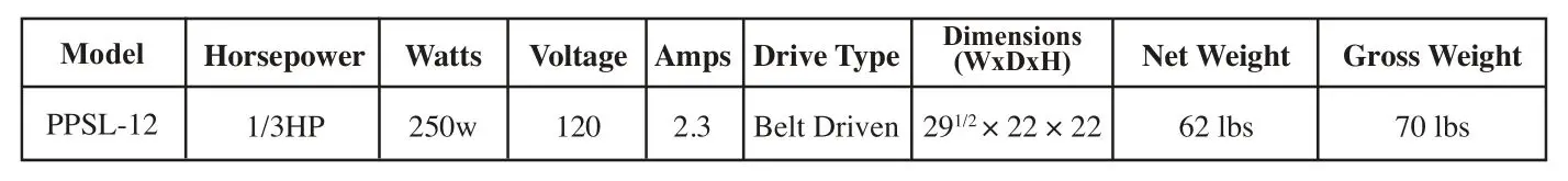 PrePal PPSL-12 12 Inch Compact Manual Slicer - SPECIFICATIONS