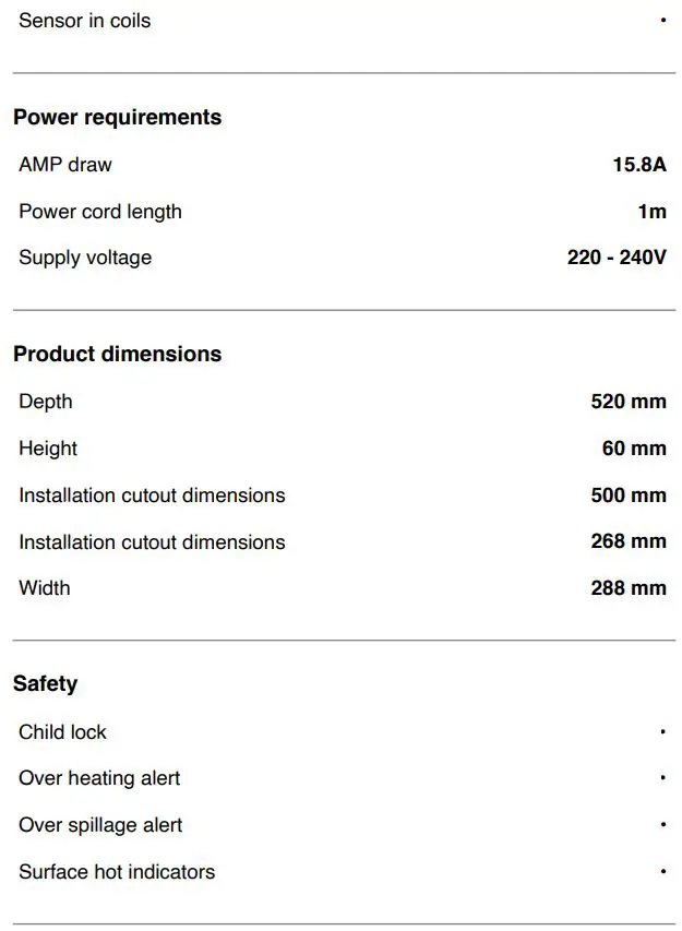 Haier HCI302TB3 30cm 2 Zones Induction Cooktop User Guide - SPECIFICATIONS