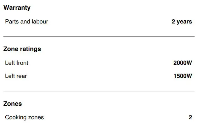 Haier HCI302TB3 30cm 2 Zones Induction Cooktop User Guide - SPECIFICATIONS