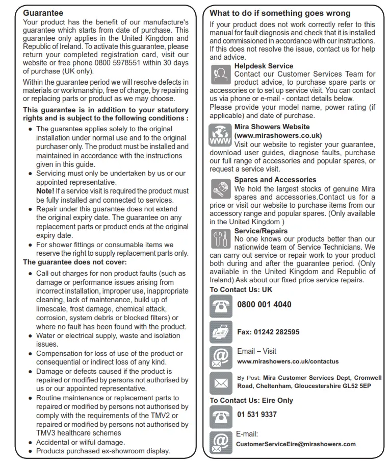 Mira Honesty ERD Bar Valve and Fittings - Customer Service