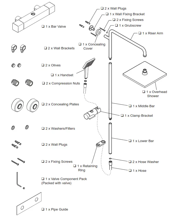 Mira Honesty ERD Bar Valve and Fittings - Pack Contents