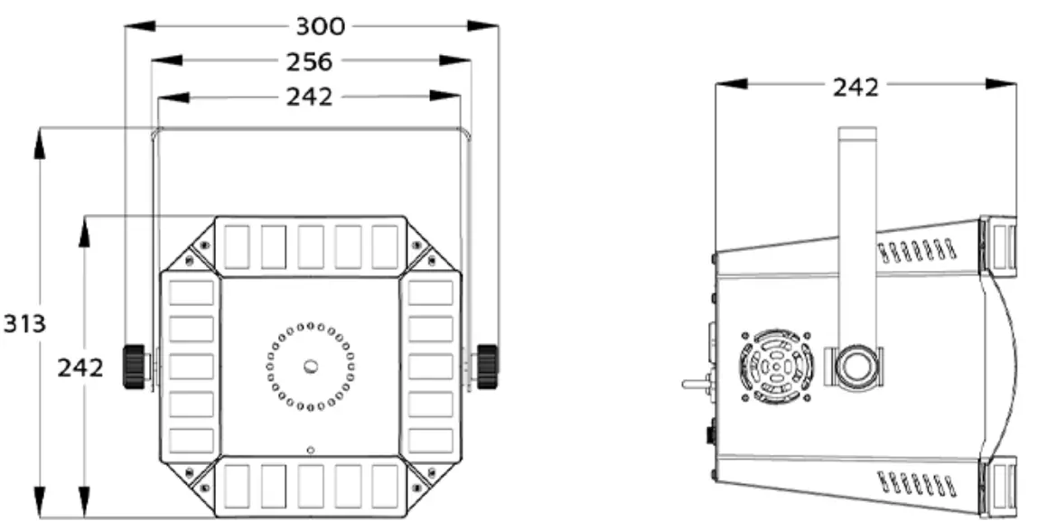 EVENT LIGHTING ORBIT2 3-in-1 LED Effect Light with Derby RGBW Dimensions