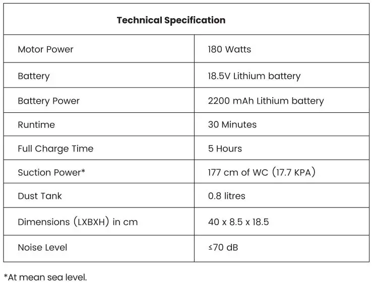 EUREKA Drift Vacuum Cleaner - Technical Specification