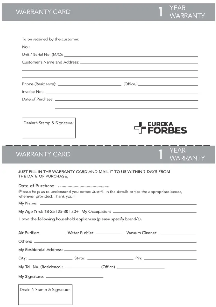 EUREKA Drift Vacuum Cleaner - WARRANTY CARD