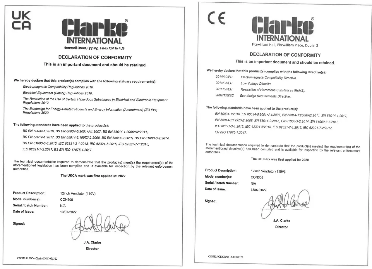 Clarke CON305 110V 12 Inch Ventilator - Certificate