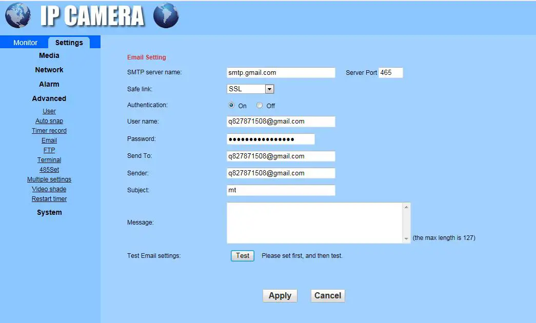 YoLuke WiFi IP Camera - Email Setting