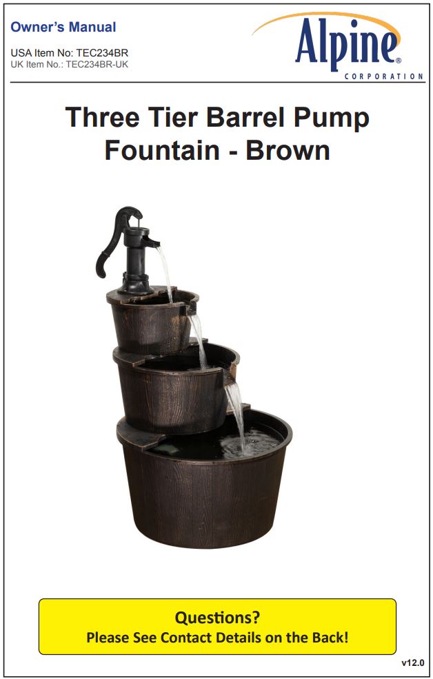 Alpine TEC234BR Three Tier Barrel Pump Fountain Brown Owner's Manual