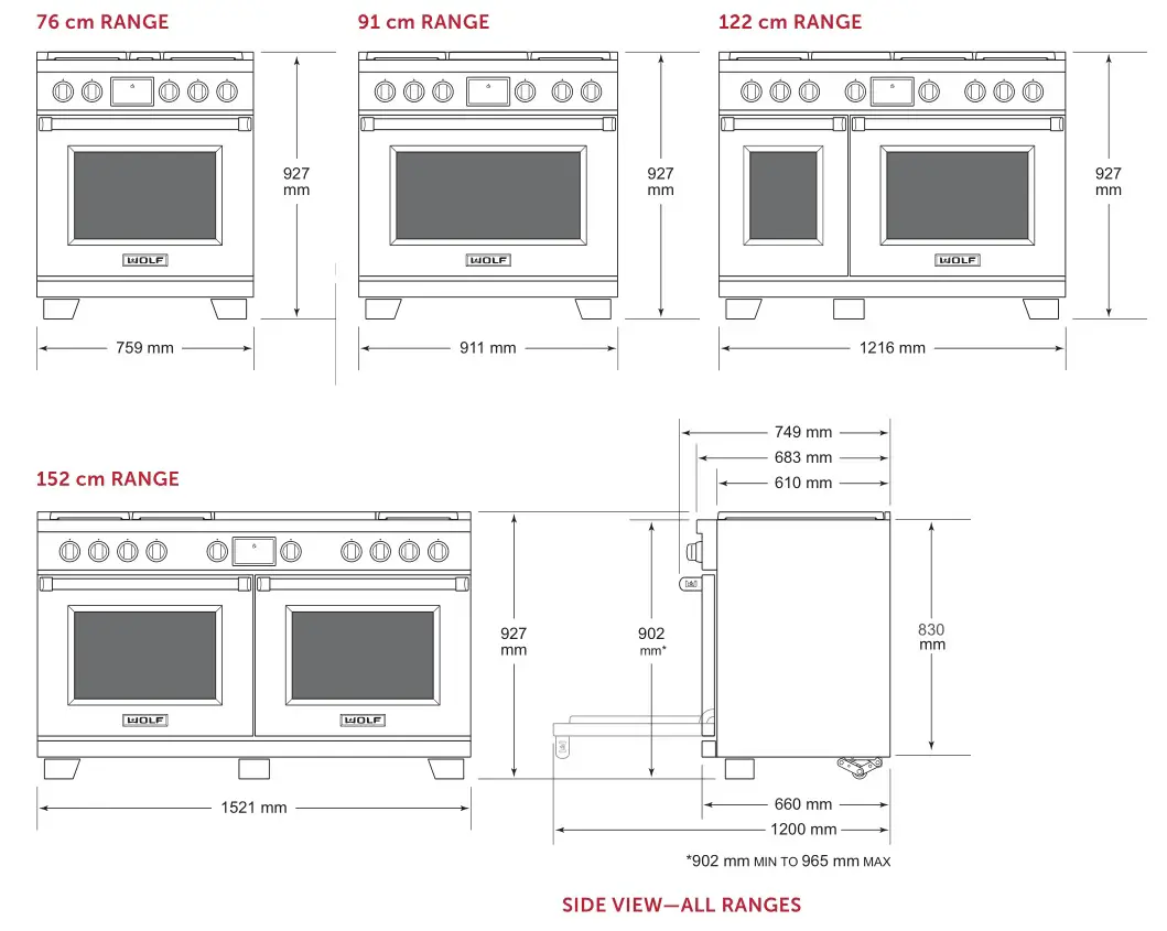 WOLF ICBDF36450G-S-P Dual Fuel Range Cooker - Overall Dimensions