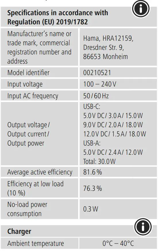 hama 00210521 USB-C Charger Kit Instruction Manual - Technical specifications