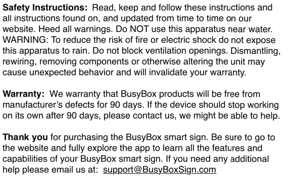 SMALL STAGE BusyBox Digital Smart Sign Standard Instructions - Safety & Warranty Instructions