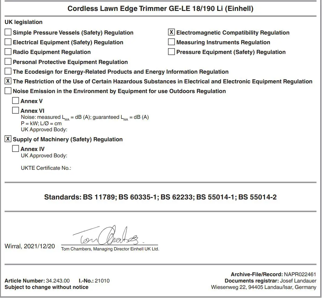 Einhell GE-LE 18 190 Li Cordless Lawn Edge Trimmer Instruction Manual - Cordless Lawn Edge Trimmer GE-LE