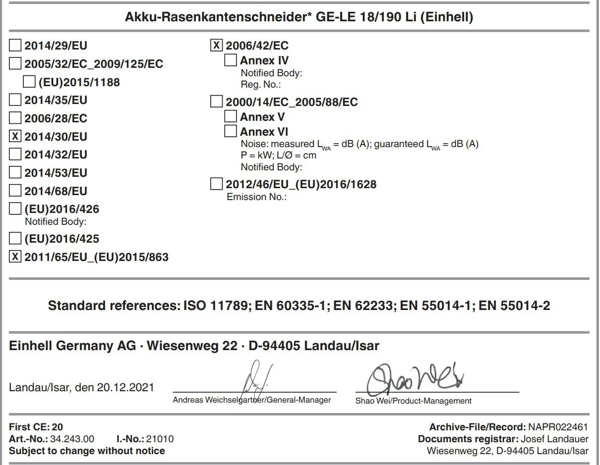 Einhell GE-LE 18 190 Li Cordless Lawn Edge Trimmer Instruction Manual - Rechargeable battery