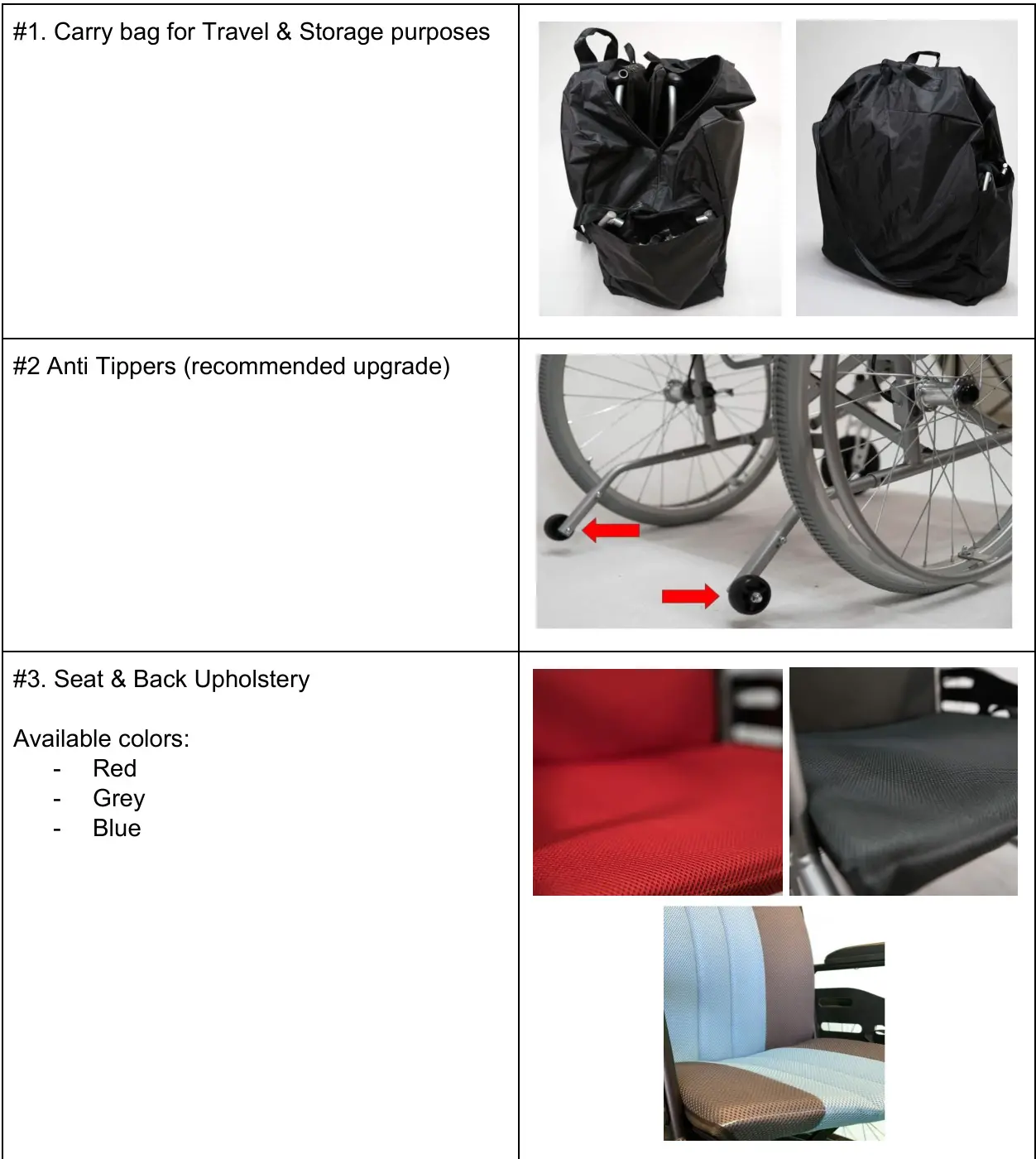 Feather Lightest Wheelchair - Available Accessories