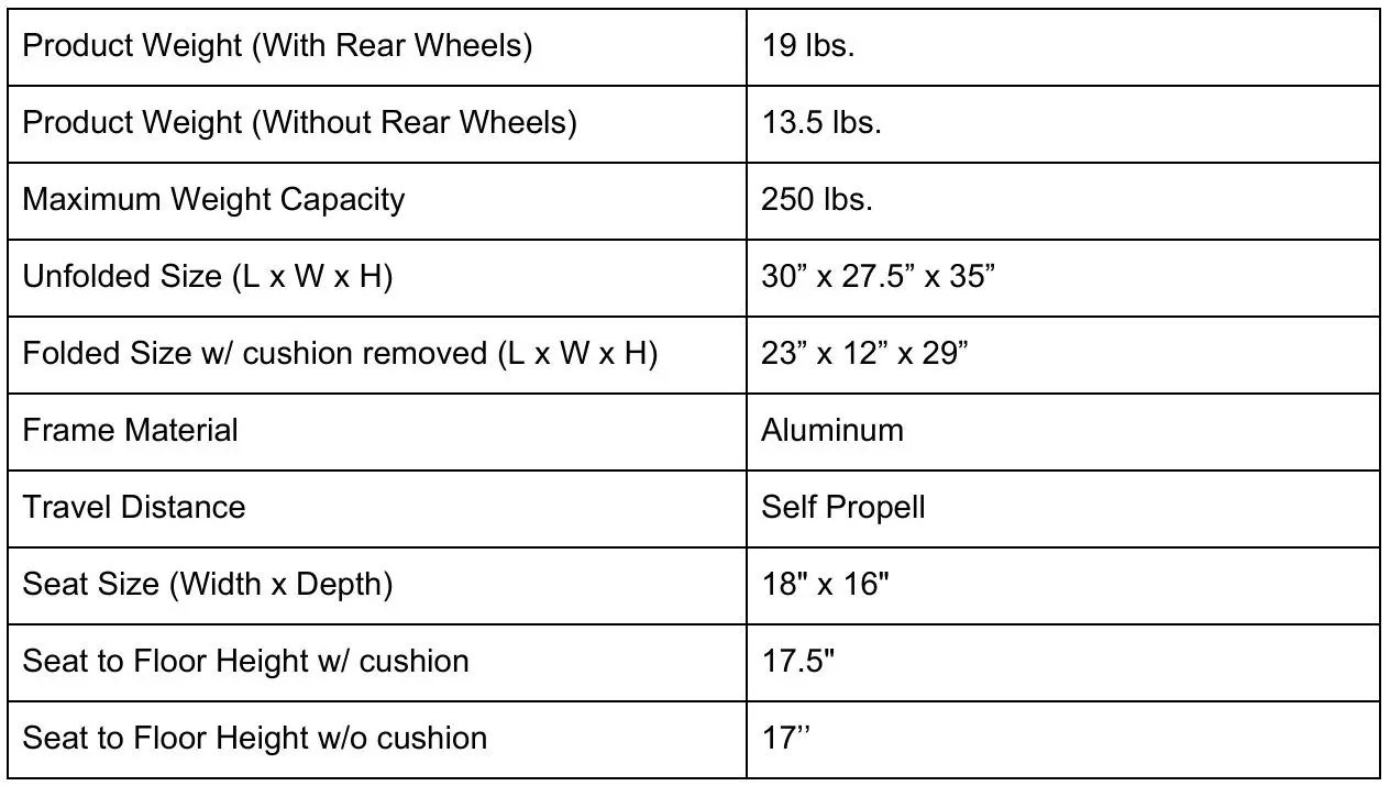 Feather Lightest Wheelchair - Product Specifications
