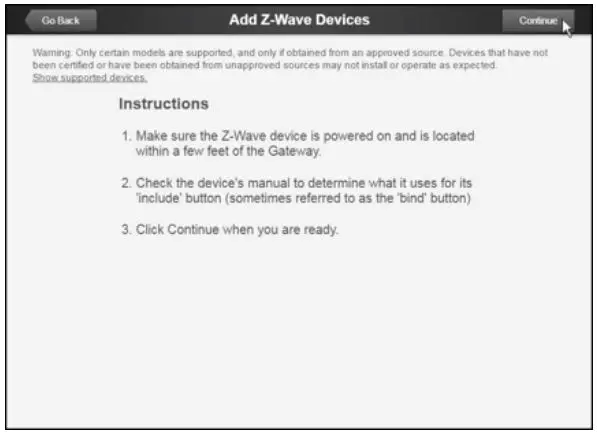 NORTEX Garage Door Opener with Tilt Sensor GD00Z-8-ADT Installation Guide - Add Z-Wave Devices screen