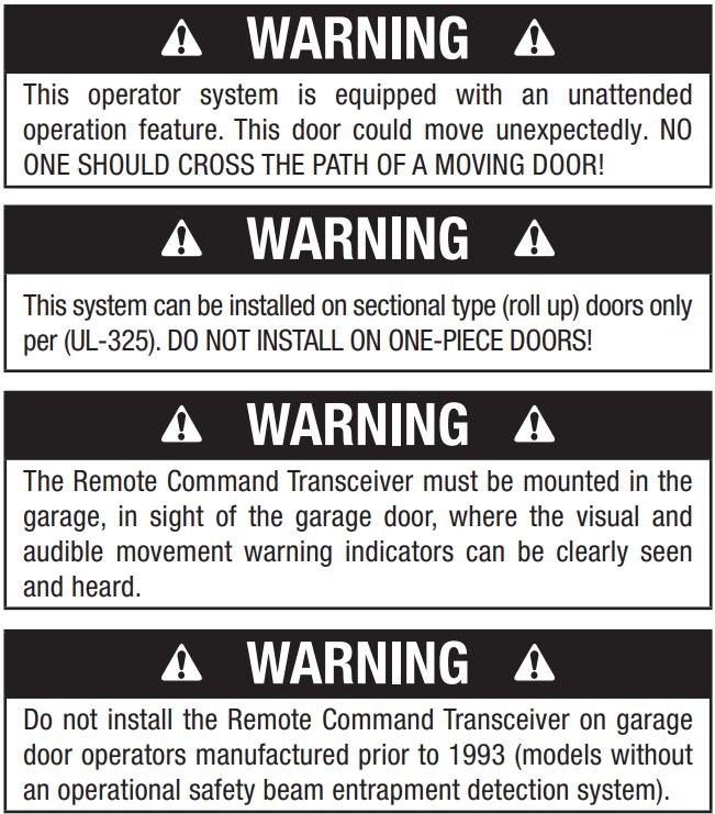 NORTEX Garage Door Opener with Tilt Sensor GD00Z-8-ADT Installation Guide - Warning or Caution icon