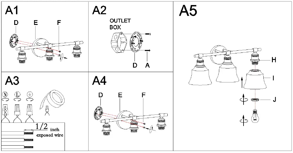 Uolfin A04847W3 2-Inch 3-Light Matte Black and Matte Gold Modern-Contemporary Vanity Light 3