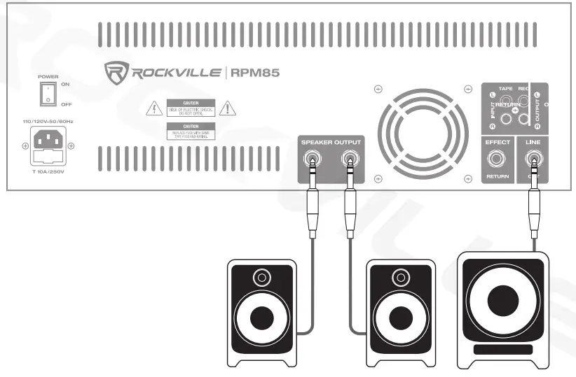 ROCKVILLE RPM85 8 Channel 2400W Powered Mixer Musical - setup