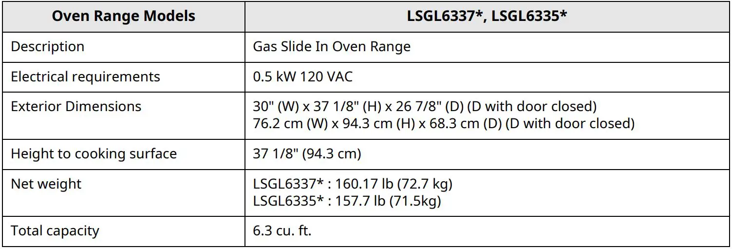 LG Gas Range Owner’s Manual - Product Specifications
