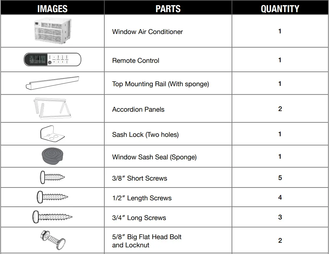 ARCTIC WIND 2AWH18000A Window Air Conditioner Owner's Manual - PACKING LIST