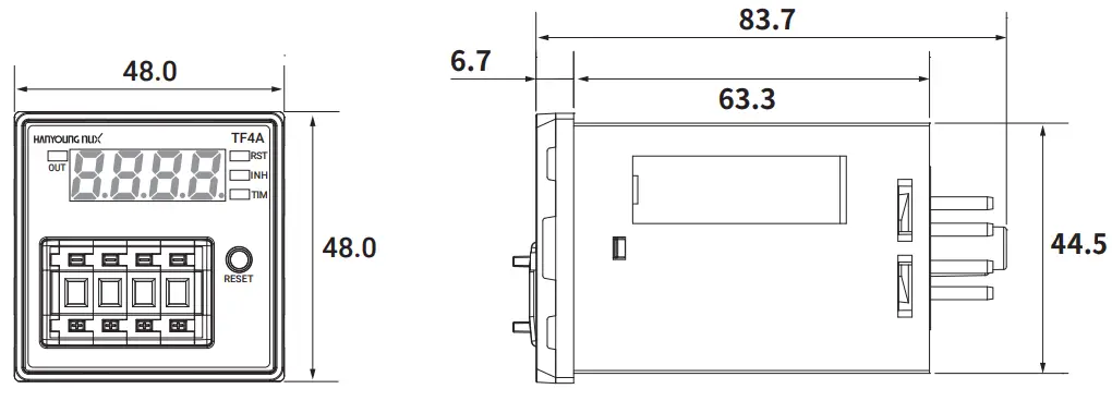 HANYOUNG NUX TF4A Digital Timer - Dimension & Panel cutout