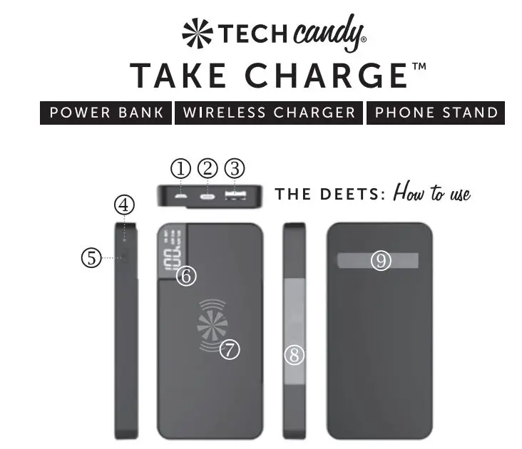 TECH Candy E234621 Take Charge Power Bank Wireless Charger Instructions