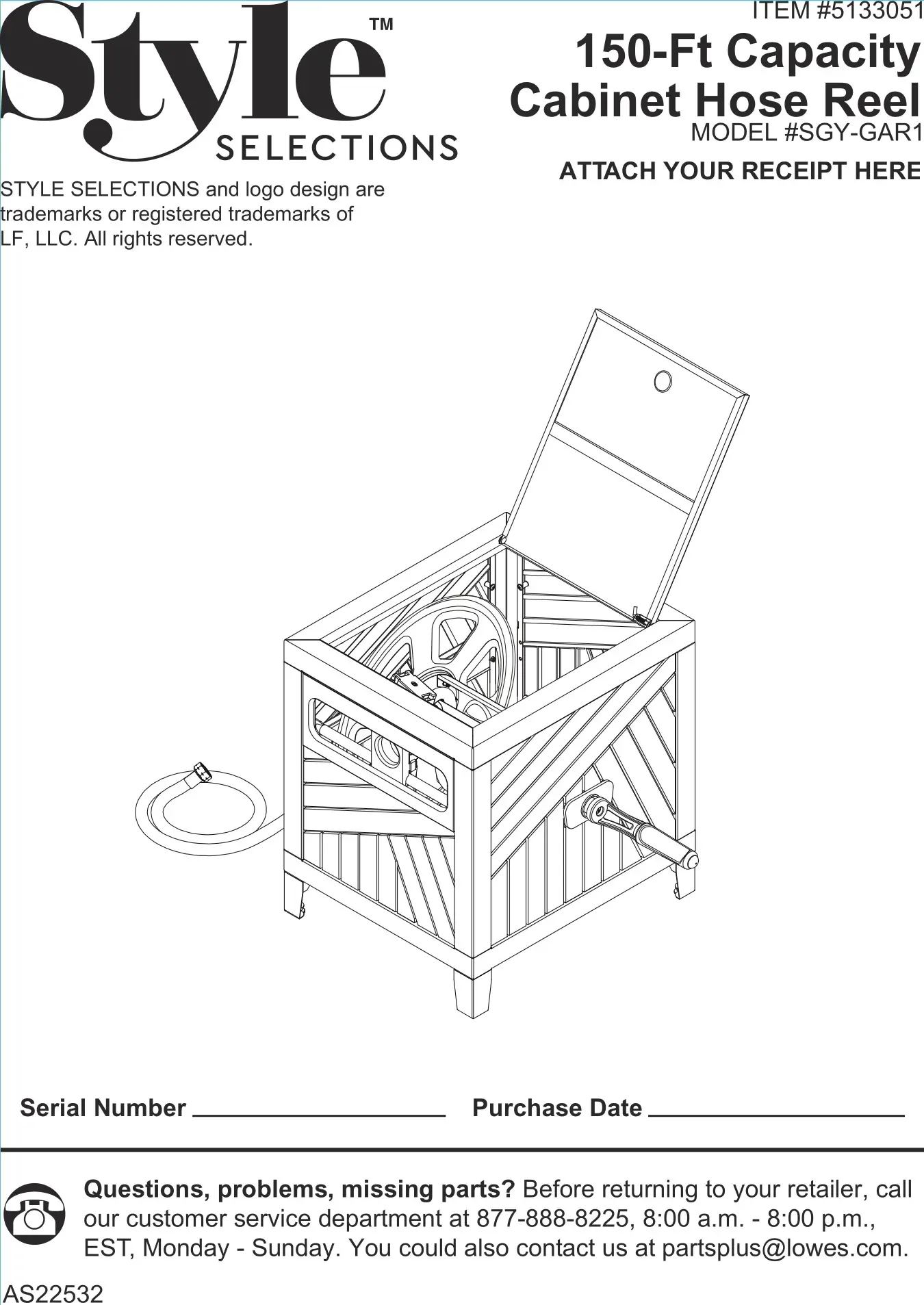 Style SELECTIONS SGY-GAR1 150-Ft Capacity Cabinet Hose Reel Instruction Manual