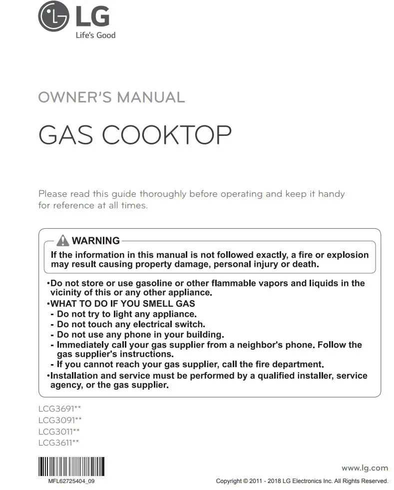 LG LCG Series Gas Cooktop Owner's Manual