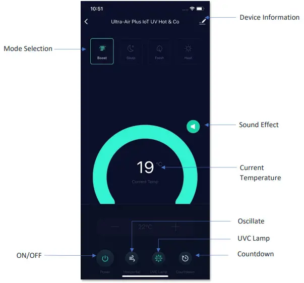 MOMAX AP7S Ultra-Air Plus IoT UV Hot and Cool Purifying Fan - Main Control Pane
