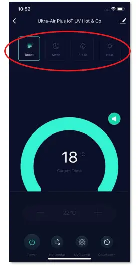MOMAX AP7S Ultra-Air Plus IoT UV Hot and Cool Purifying Fan - Mode Selections