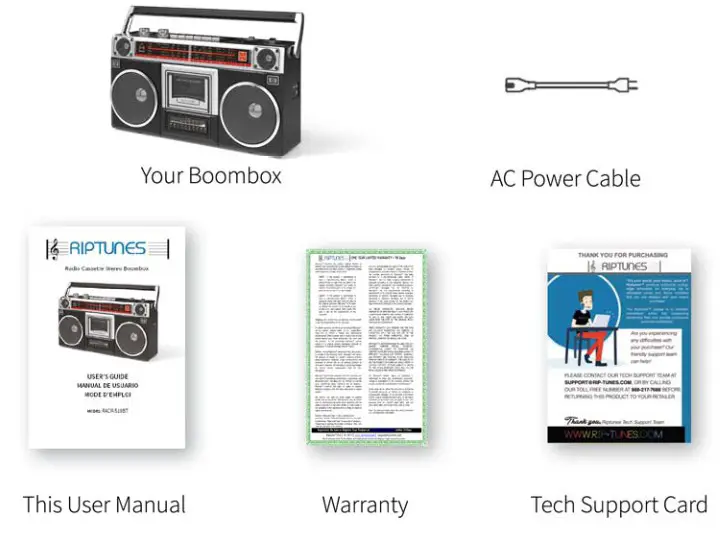 RIPTUNES RACR 510BT Radio Cassette Stereo Boombox - in the box