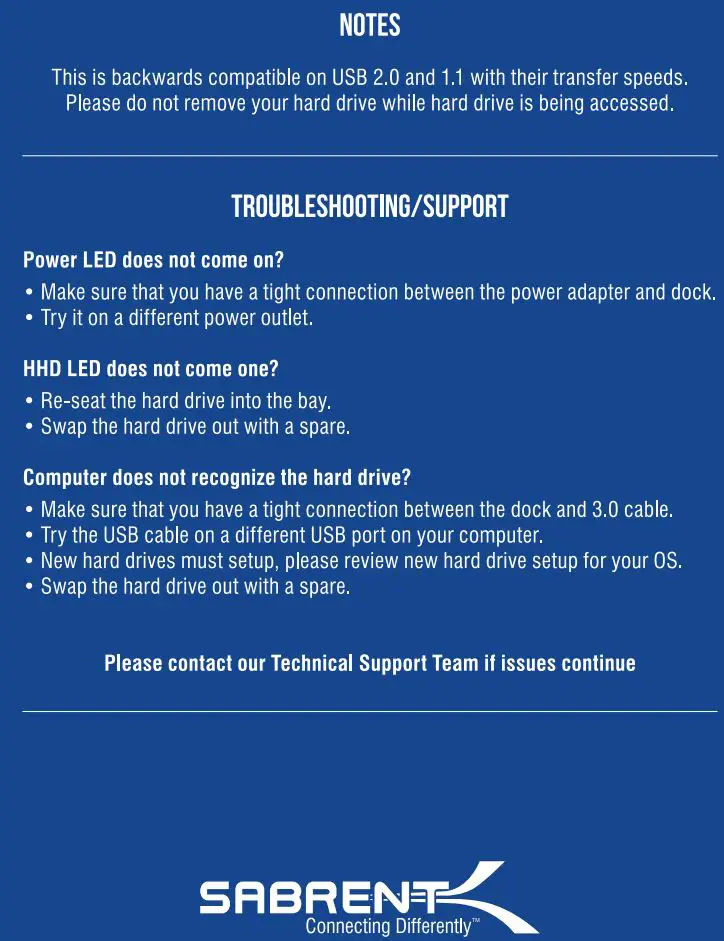 Sabrent DS-U301 HDD DOCKING STATION+USB PORTS User Manual - Troubleshooting