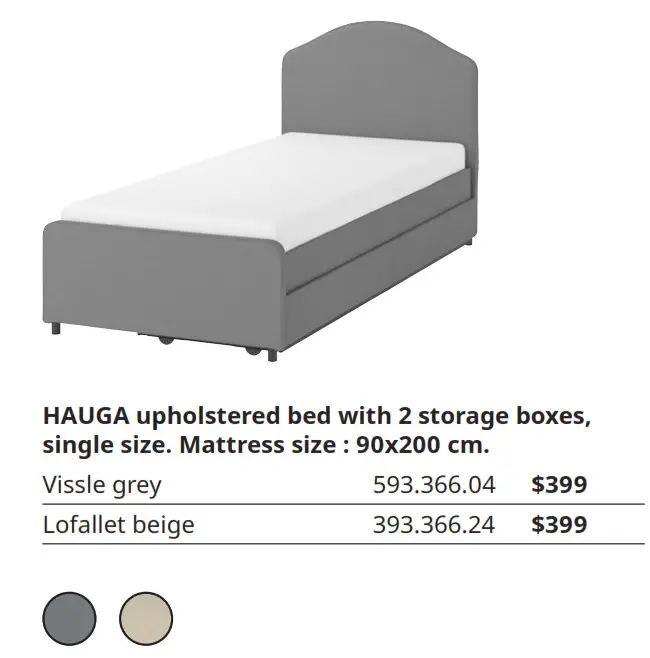 HAUGA upholstered bed with 2 storage boxes,