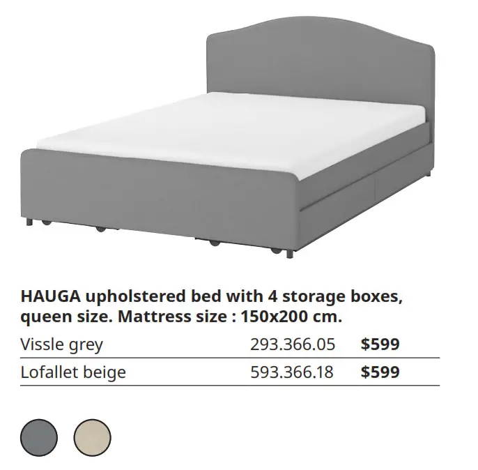 HAUGA upholstered bed with 4 storage boxes