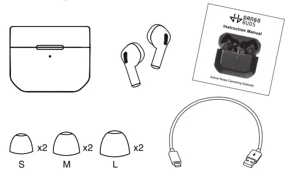 DANGOBUDS Black V08 Active Noise Cancelling Earbuds- packaing contents