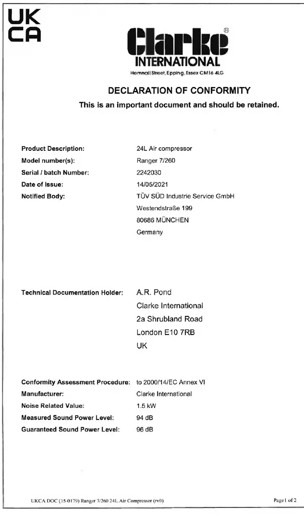 Clarke RANGER 7-260 Oil Free Air Compressor fig 21