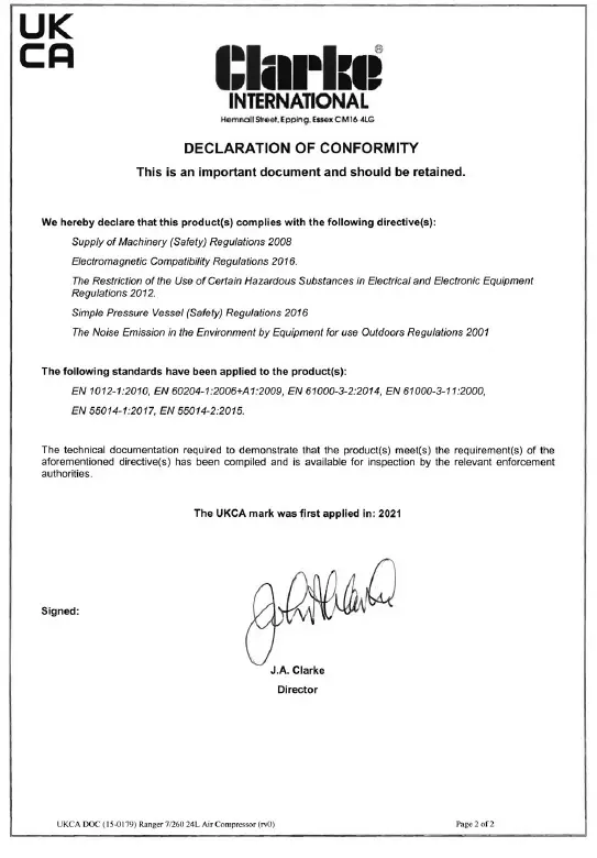 Clarke RANGER 7-260 Oil Free Air Compressor fig 22
