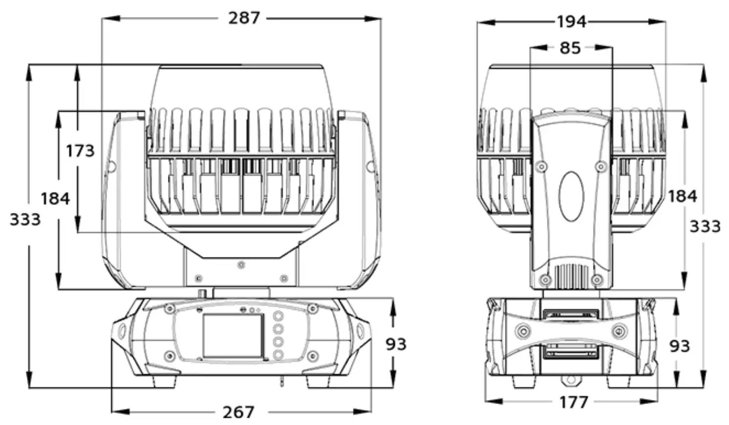 EVENT LIGHTING LM7X30 7X30W LED RGBW Zoom Wash Moving Head Dimensions