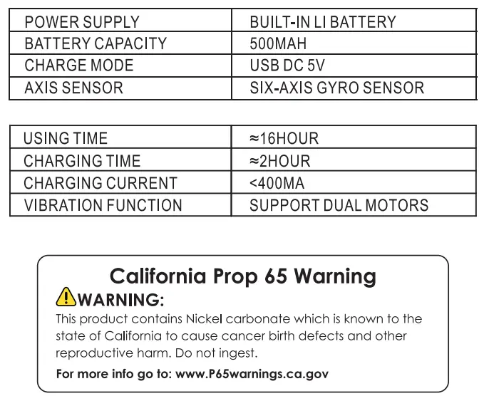 PYLE PGMC1NTN Nintendo Switch Game Console Handle User Guide - ELECTRICAL SPECIFICATIONS