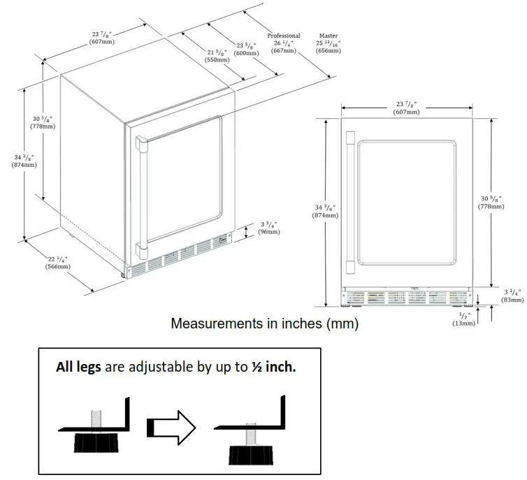Thermador T24UR925RS 24 Inch Counter Depth Built In Undercounter Refrigerator - General measures